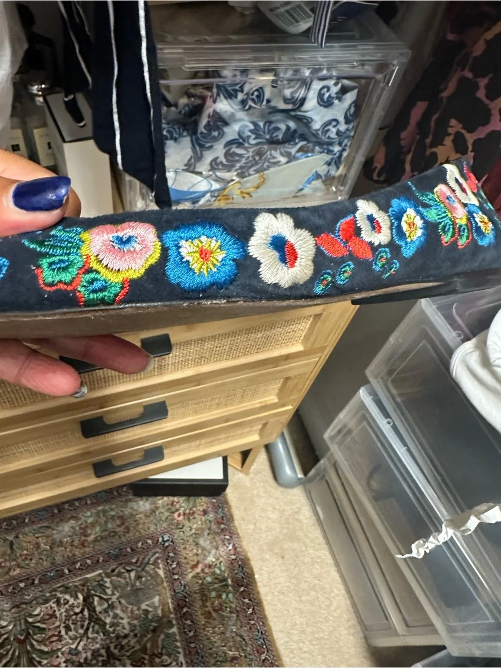Tory Burch Navy Pointed-Toe Flats with Multicolor Floral Embroidery